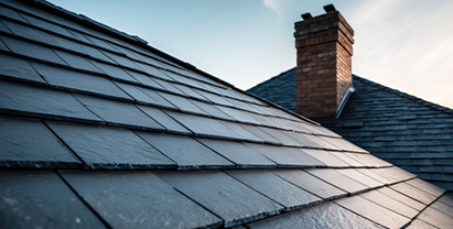 Slate roof with chimney against a clear sky, showcasing quality roofing work.